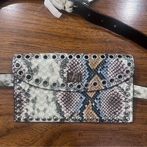 Stud-Trim Snake-Print Belt Bag — White/Tan/Black